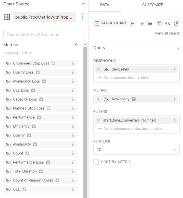 Screenshot showing the OEE Explorer chart builder interface