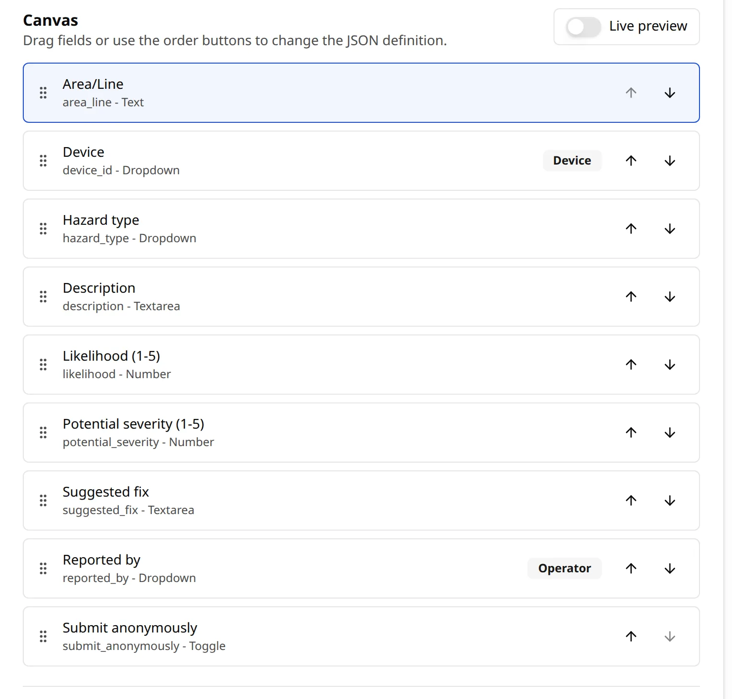 The form canvas, with each field named and typed in order