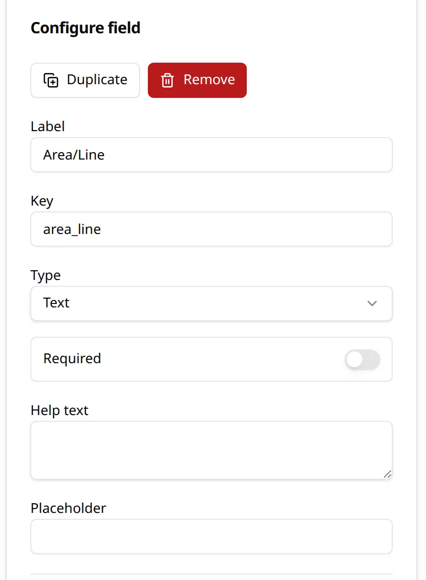 Configuring a field: label, key, type, required toggle and help text