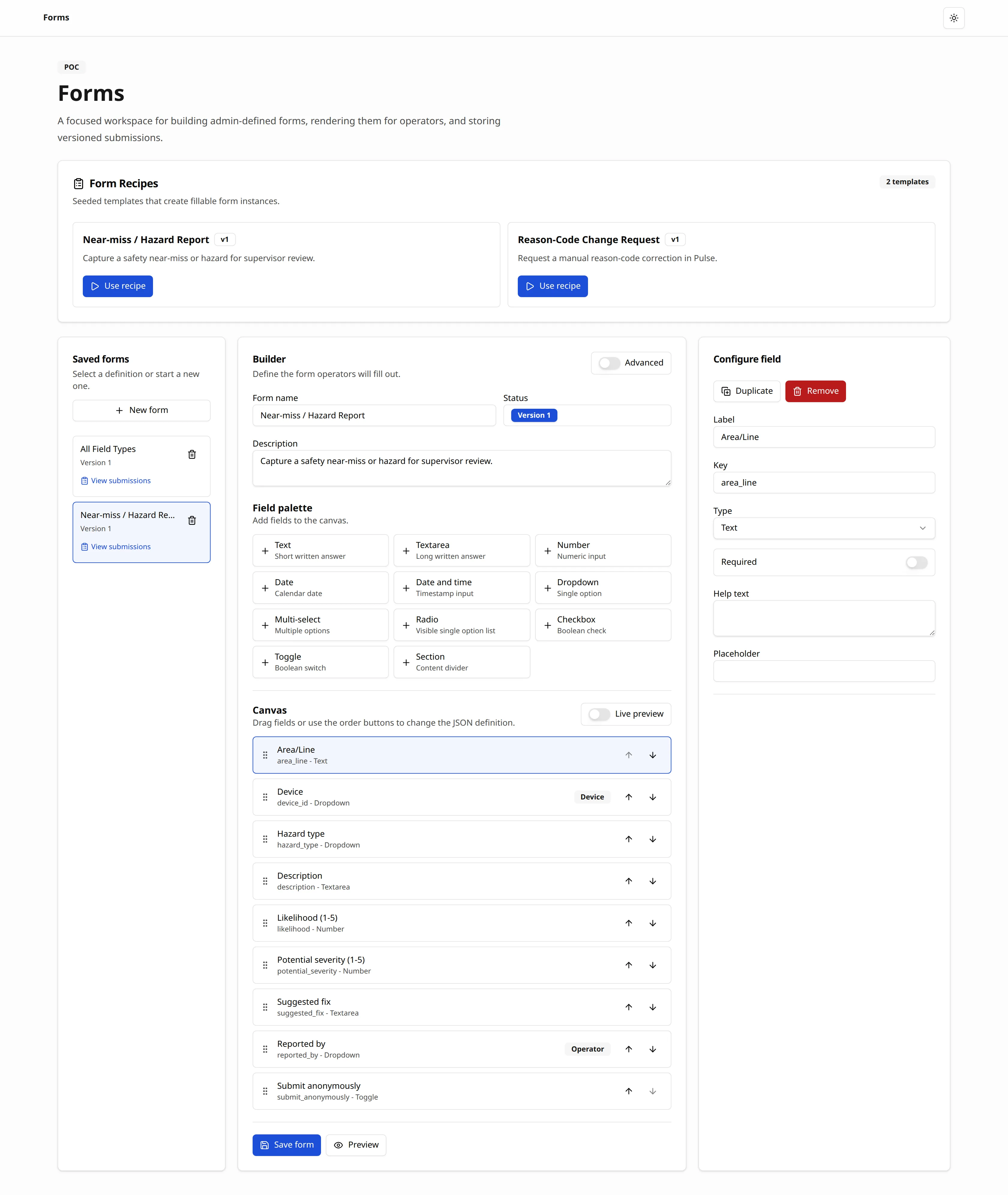 The Custom Forms builder, with the field palette on the left and the live preview on the right
