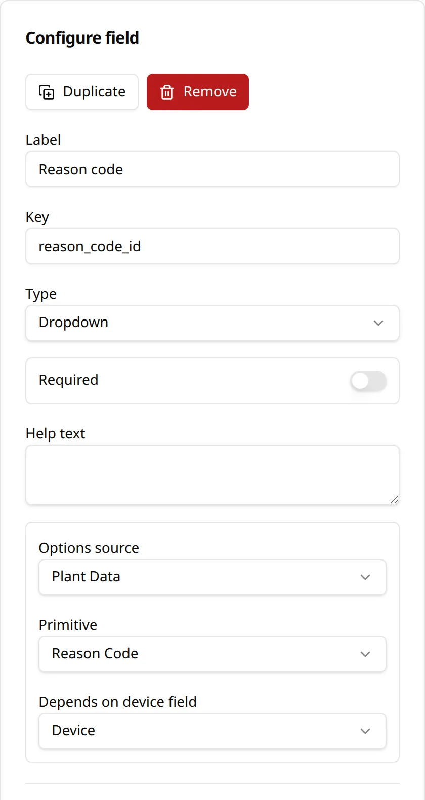Configuring a field to draw its options from plant data