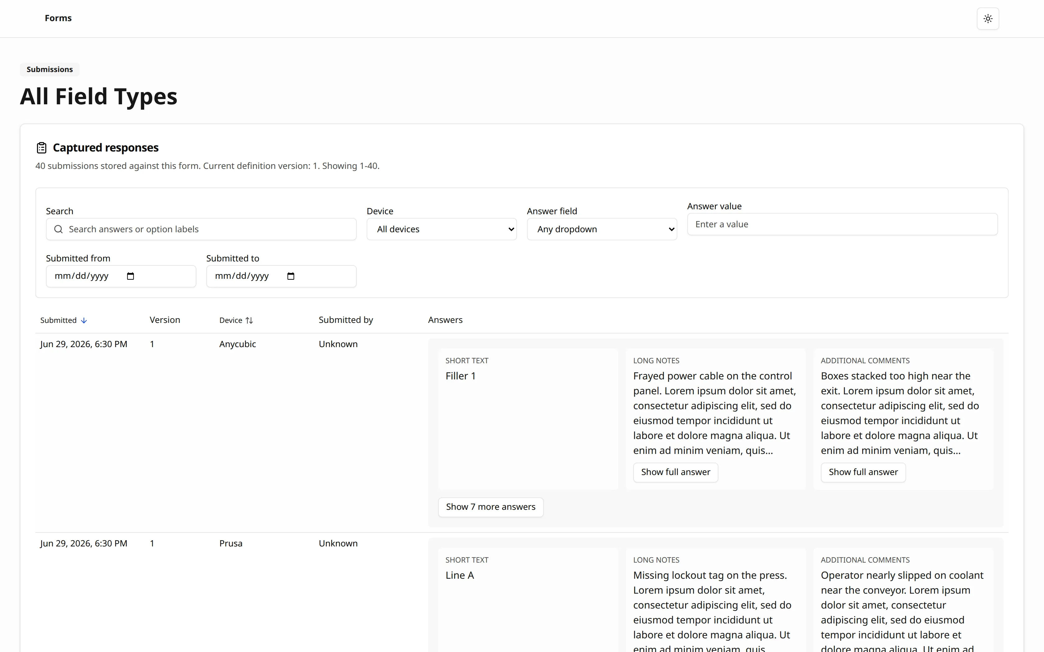 Captured responses, searchable and tied to the job