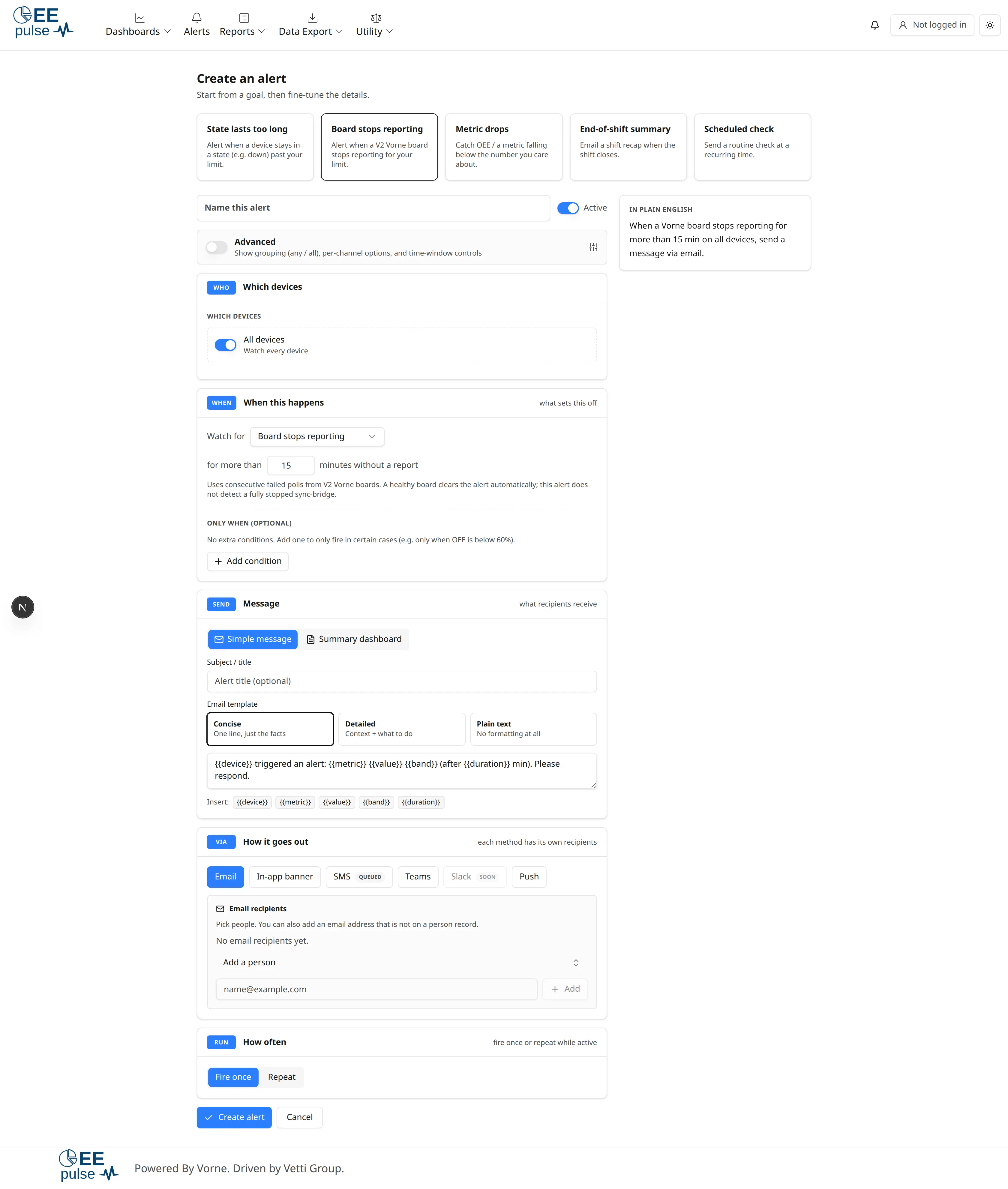The alert builder with Board stops reporting selected for V2 Vorne boards.