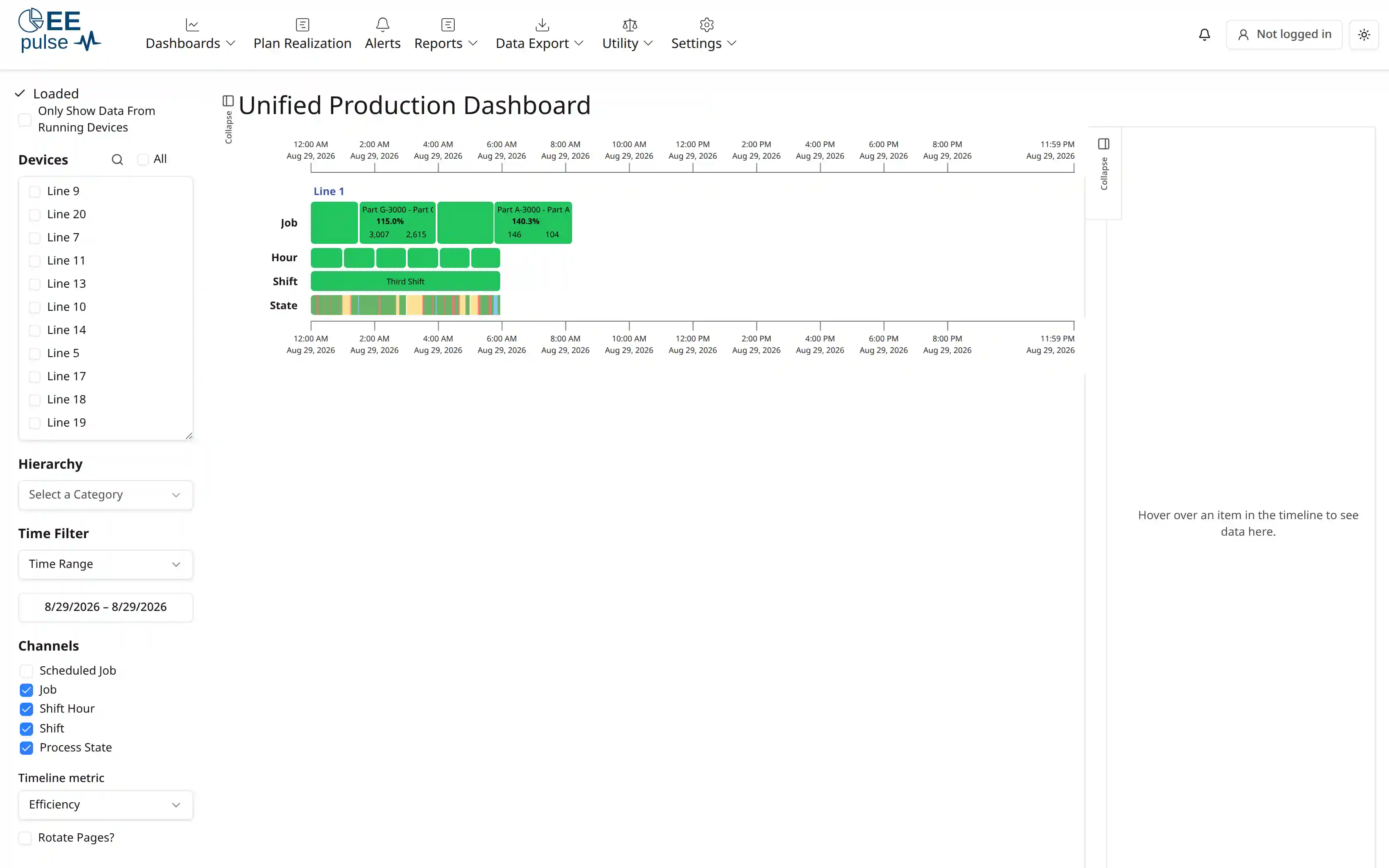 The Pulse Dashboard - main menu on top, filter panel on the left, production timeline in the center.