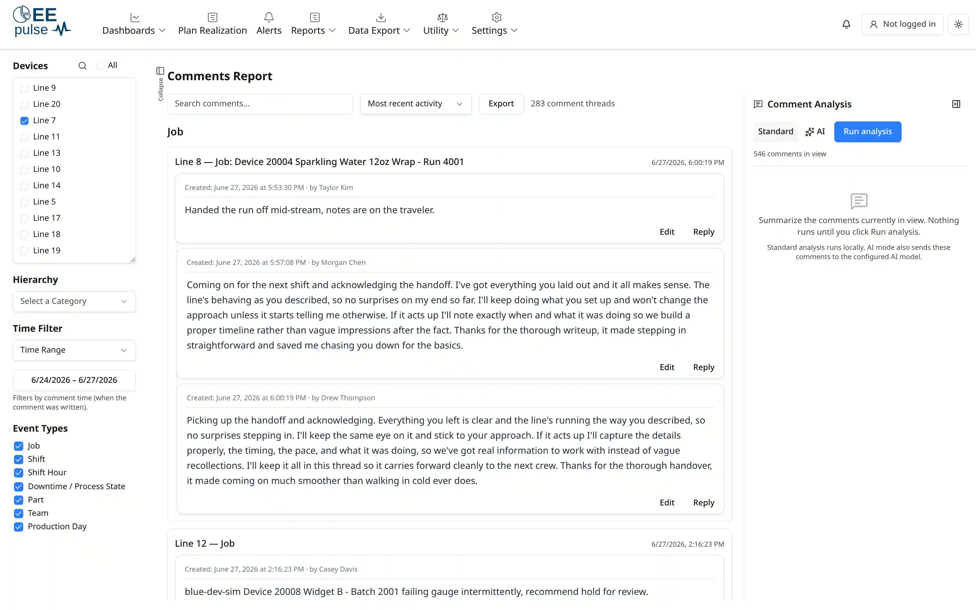 The Comments Report - threaded comments grouped by event, with search, export, and the Comment Analysis panel.