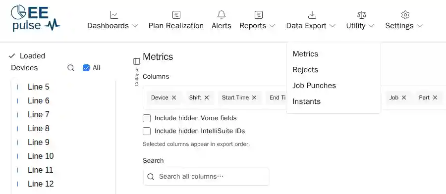 The Data Export menu open in the Pulse header, listing Metrics, Rejects, Job Punches and Instants