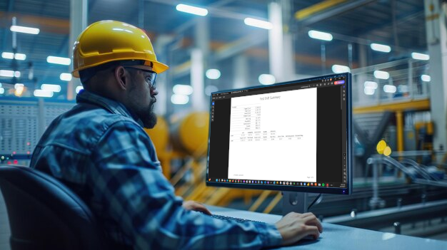 Man looking at the OEE Pulse shift email pdf on a pc on a factory floor