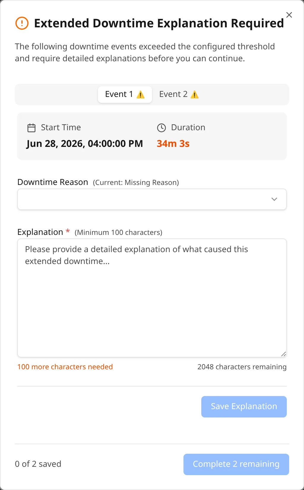 The Extended Downtime Explanation prompt that greets an operator on the machine screen.