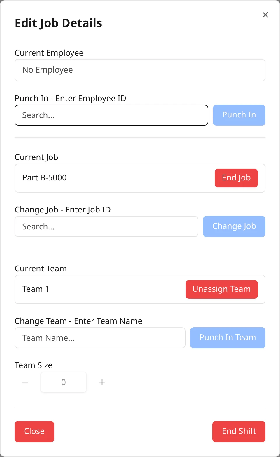 The Edit Job Details dialog - Employee, Job, and Team in one place.
