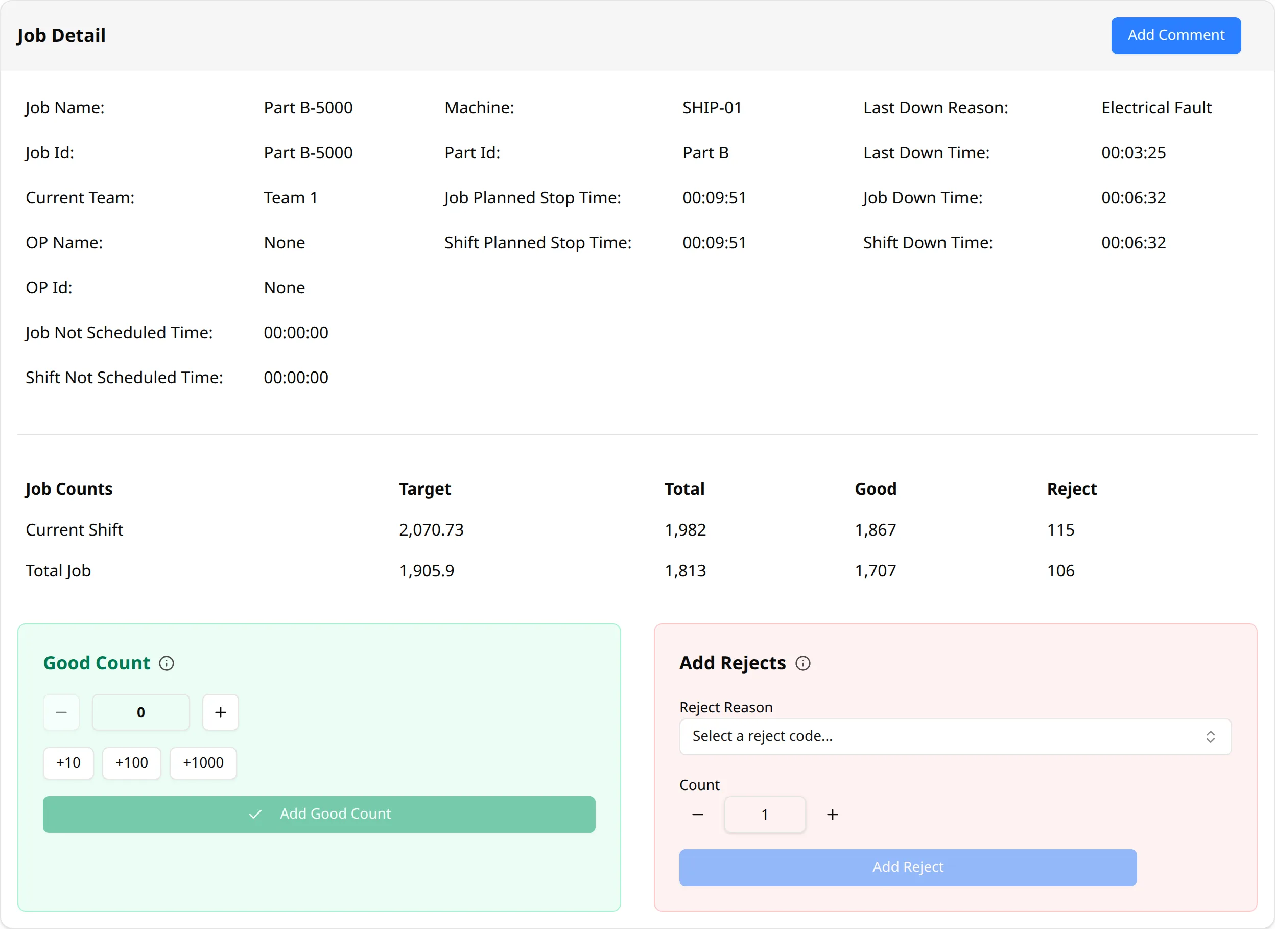 The Job Detail card - job info, timing, and the production counts table.