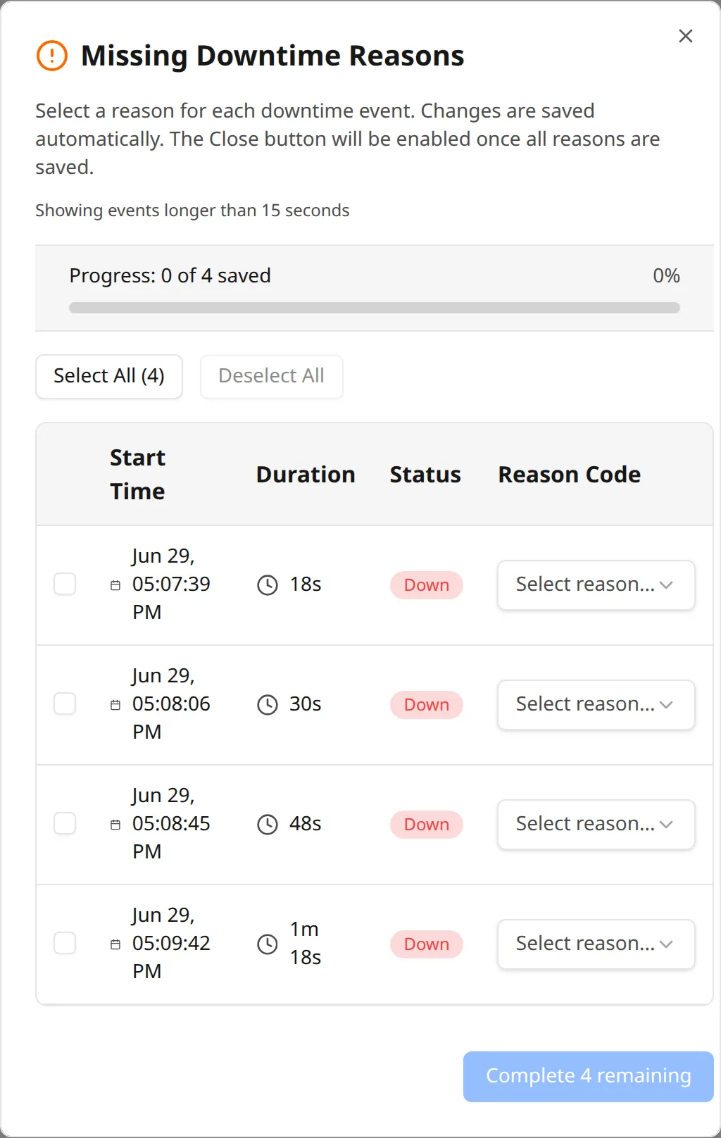 The Missing Downtime Reasons popup - assign reasons to every unresolved stop at once.