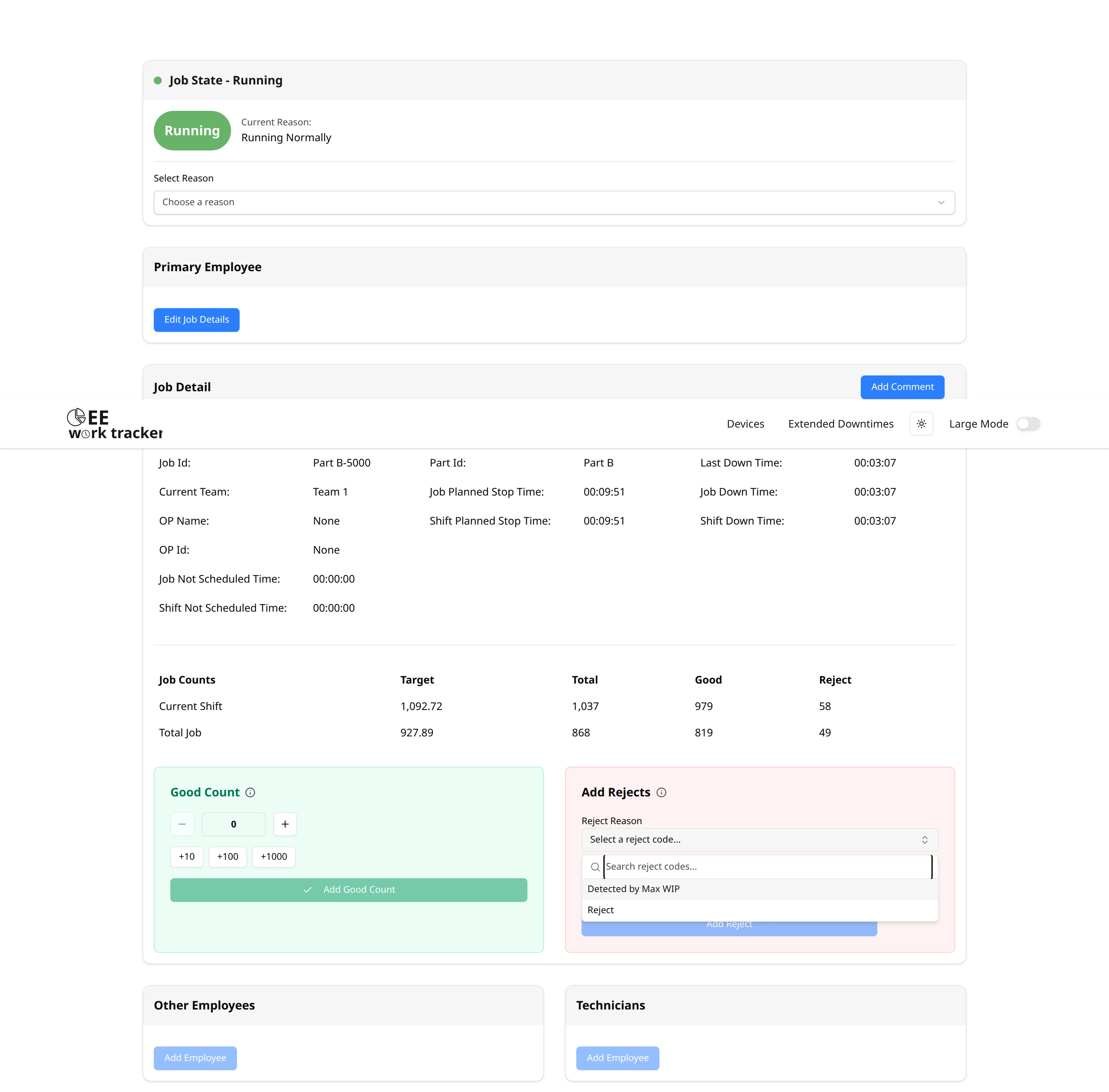 Machine Detail Reject code selector view