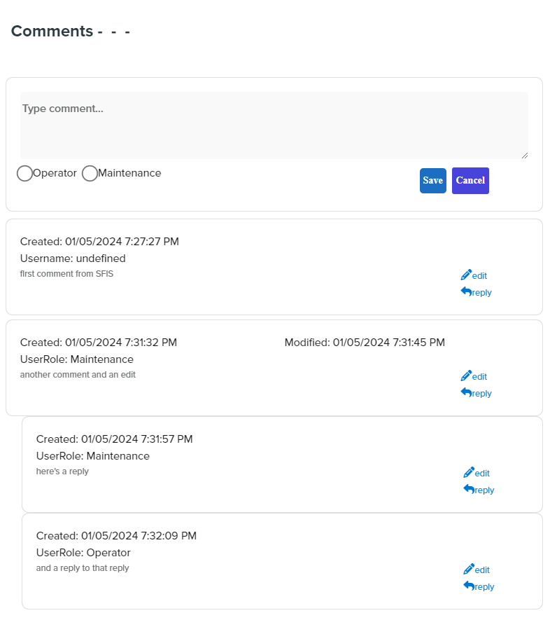 Screenshot showing the OEE Work Tracker interface with comments left by maintenance staff and operators