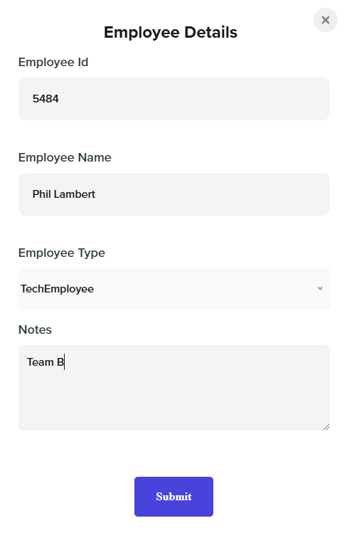 Screenshot showing the OEE Work Tracker employee management interface with the ability to add new employees